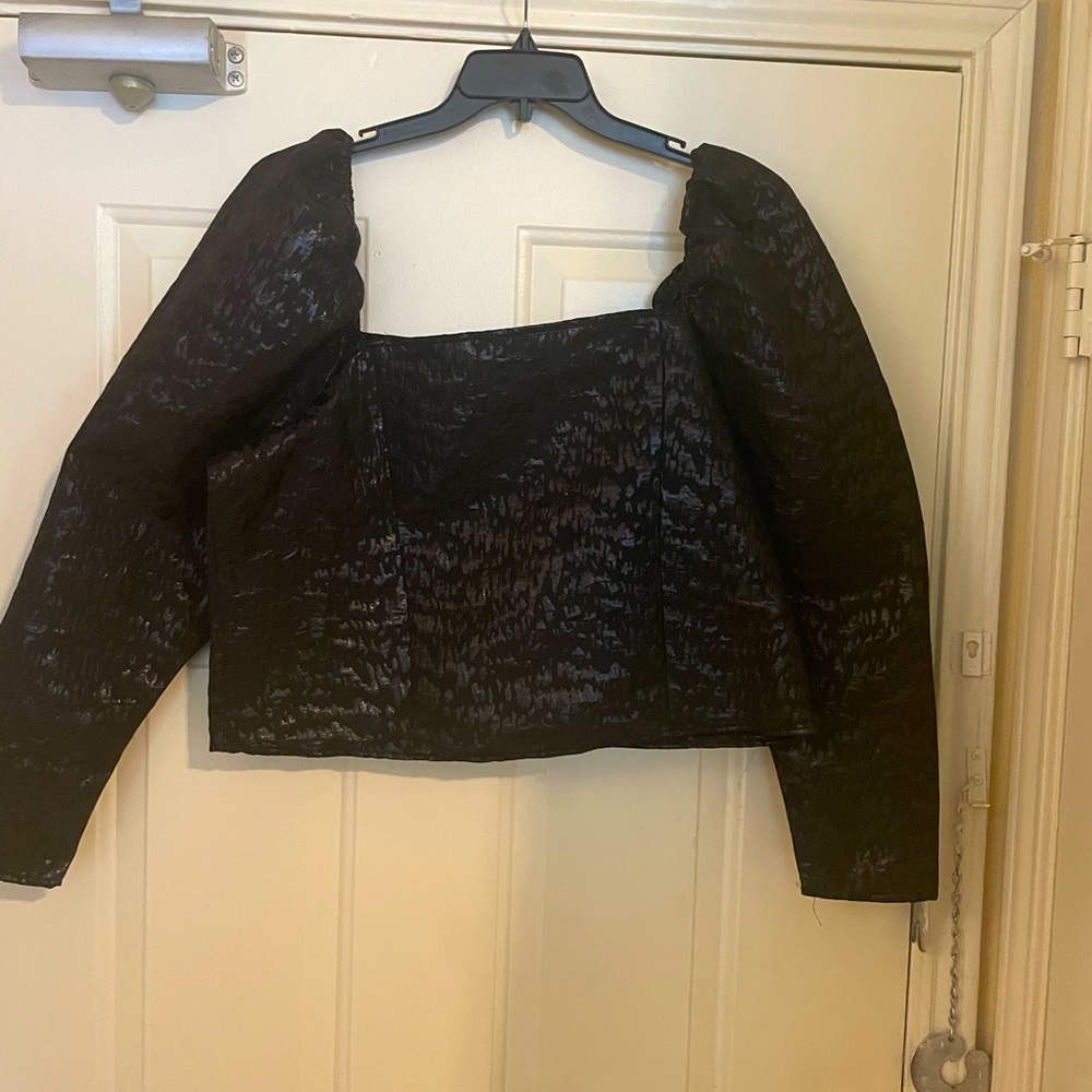 H&M Black Brocade crop top with puffy sleeves. - Picture 1 of 3